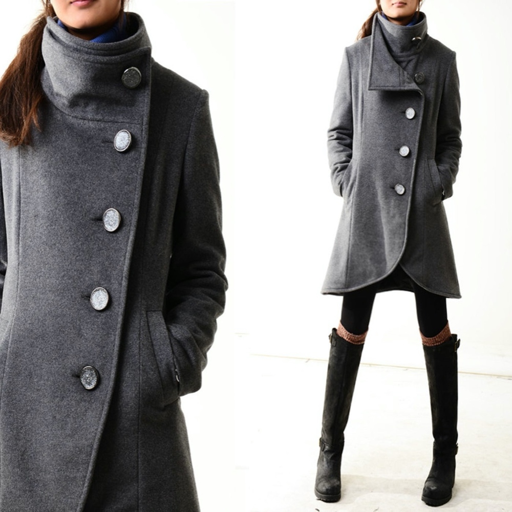 Wool Quilt Lined Asymmetrical Military Coat XS